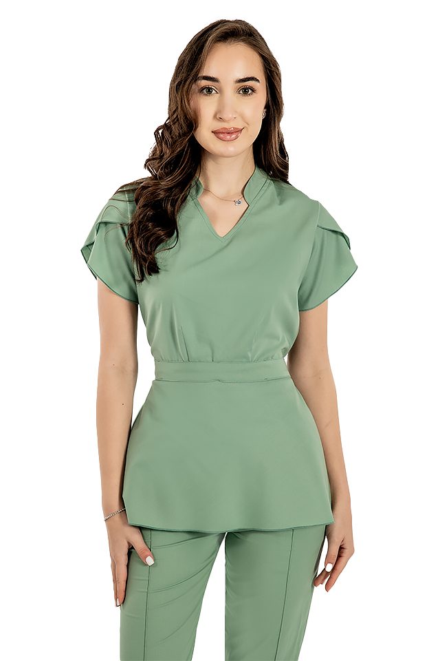 Raztegljiva medicinska obleka Alina, olivne barve, bluza z vrvico in hlače z vrvico in elastiko