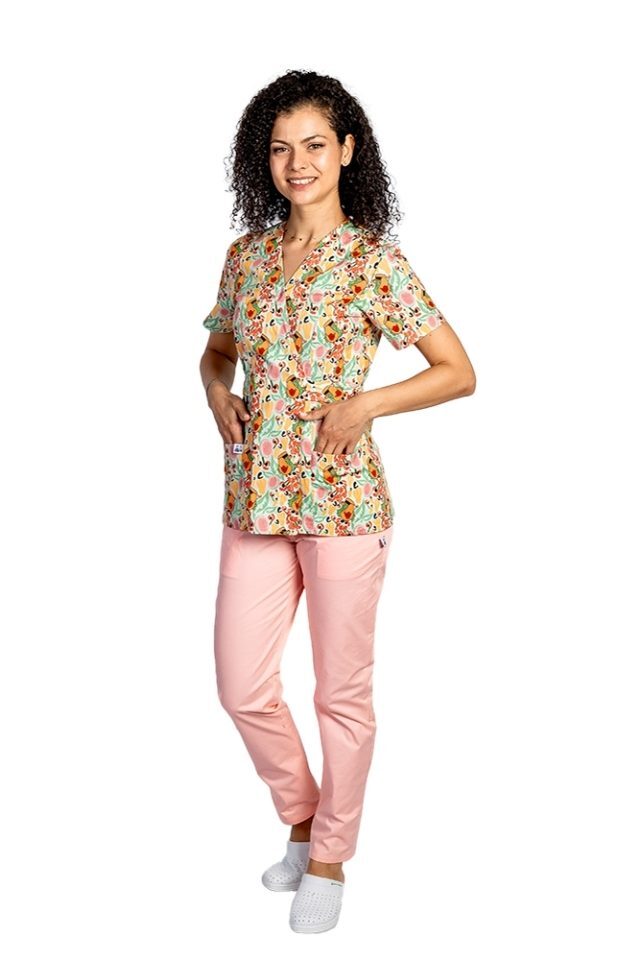 Yago kimono medicinski kombinezon, bluza s potiskom in hlače z elastiko