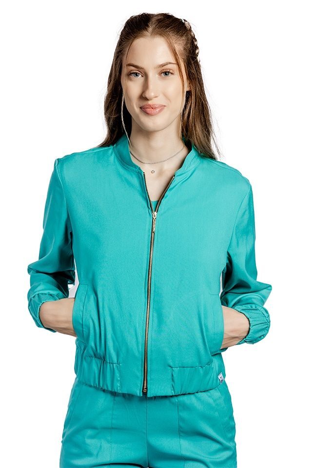 Zelena raztegljiva bomber jakna z dvema našitima žepoma in zadrgo