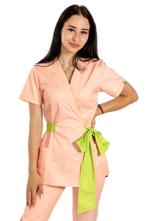 Kimono breskove barve z limetino obrobo in vrvico za vezanje