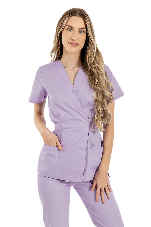 Lila kimono zdravniška halja z dvema žepoma
