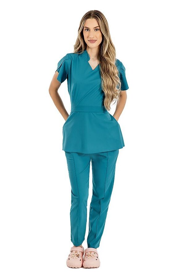 Raztegljiva medicinska obleka Alina, akvamarinska barva, bluza z vrvico in hlače z vrvico in elastiko