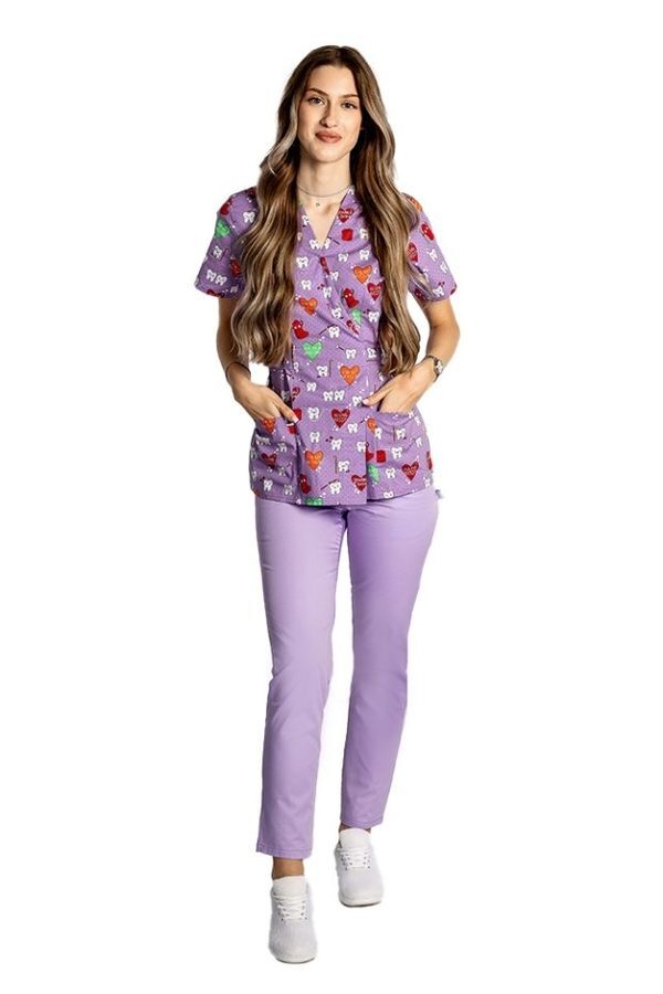 Dental kimono medicinski kombinezon, bluza s potiskom in hlače z elastiko