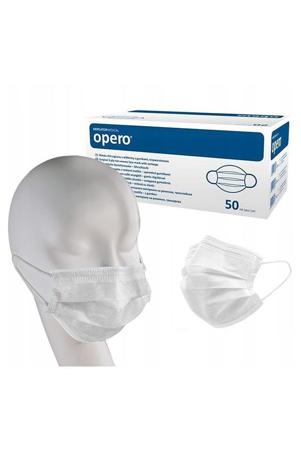 Medicinske kirurške maske tipa IIR, 3-slojne, z elastiko, 50 kosov v škatli, bele barve