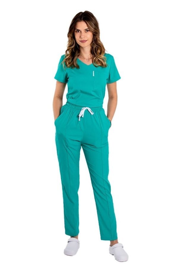 Turkizno zelen raztegljiv medicinski kombinezon z V bluzo in hlačami z vrvico in elastiko